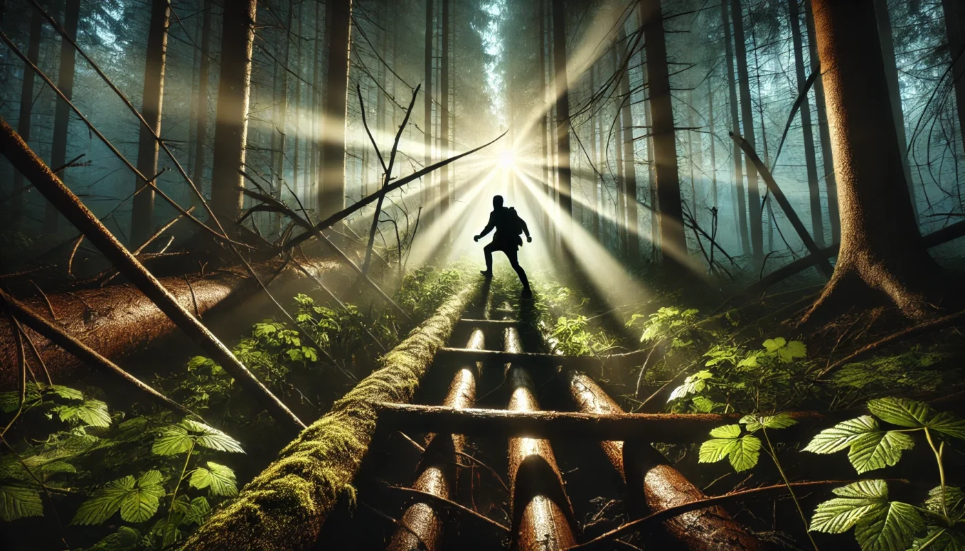 A person navigating a dense forest with rays of sunlight filtering through, illustrating the journey of finding a path through difficulties.