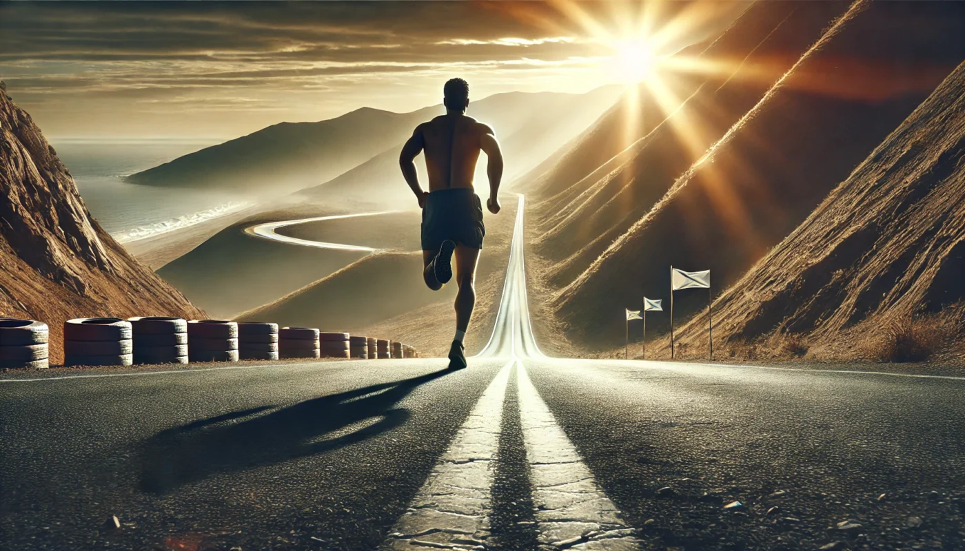 A determined athlete running on a long, winding road through rugged terrain, with a distant finish line bathed in sunlight, representing endurance and resilience