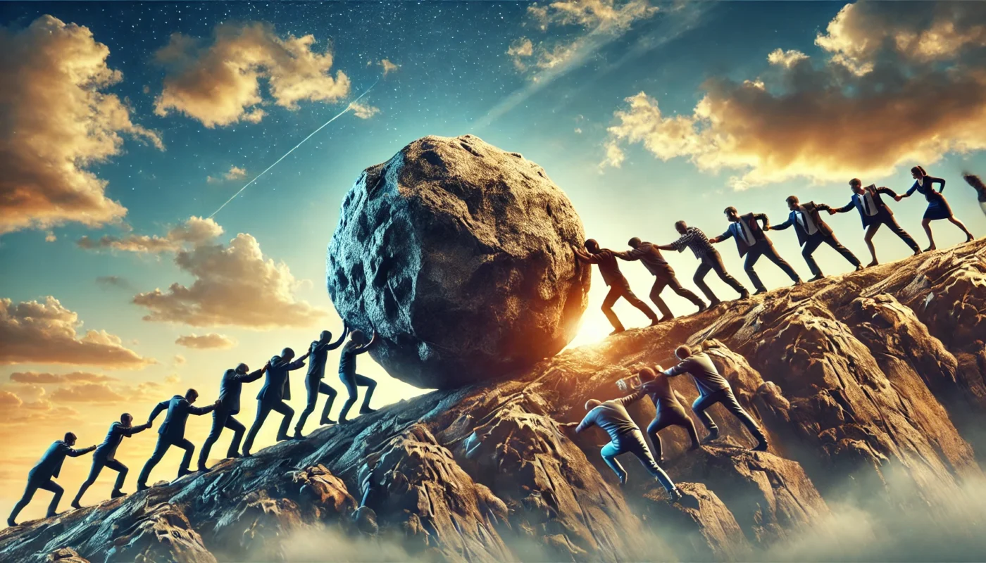 A group of people working together to push a massive boulder up a hill under a bright sky, symbolizing teamwork and collective effort in overcoming challenges.