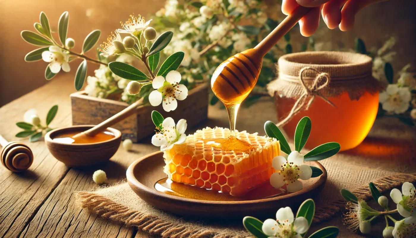 A rustic wellness scene displaying Manuka honey being drizzled onto a wooden spoon. Fresh honeycomb sits on a ceramic plate, surrounded by blooming Manuka flowers, with warm natural lighting enhancing the organic and healing atmosphere.