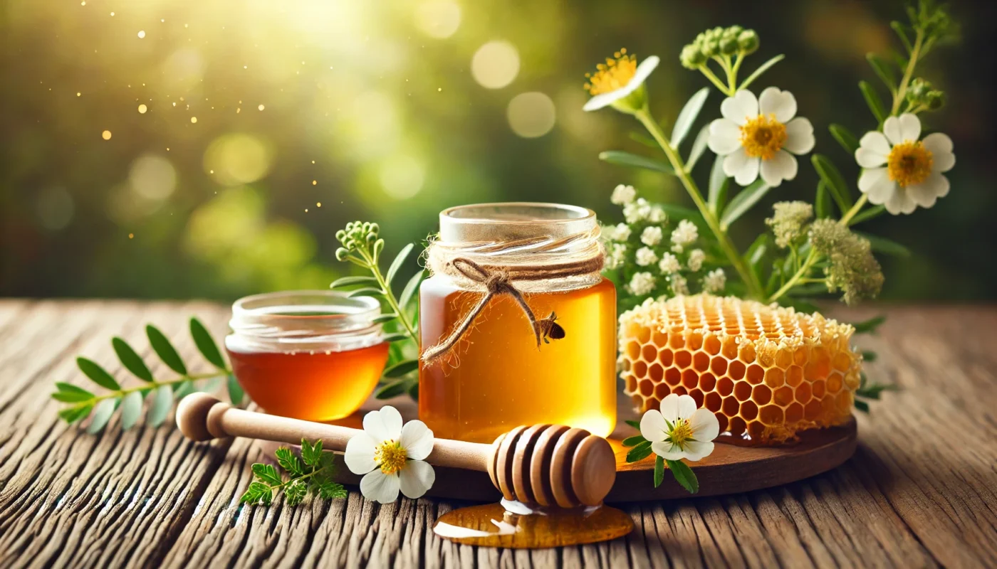 A serene natural setting featuring a glass jar of Manuka honey placed beside honeycomb and Manuka flowers. The honey glistens under sunlight, highlighting its rich golden hue and healing properties against a blurred green foliage background.