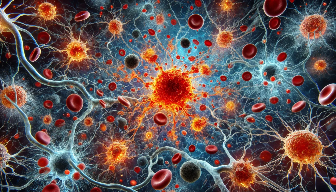 A close-up depiction of immune cells attacking healthy tissue, with blood vessels and inflamed areas glowing in red and orange. Hyperactive white blood cells and floating cytokines emphasize the theme of immune overreaction