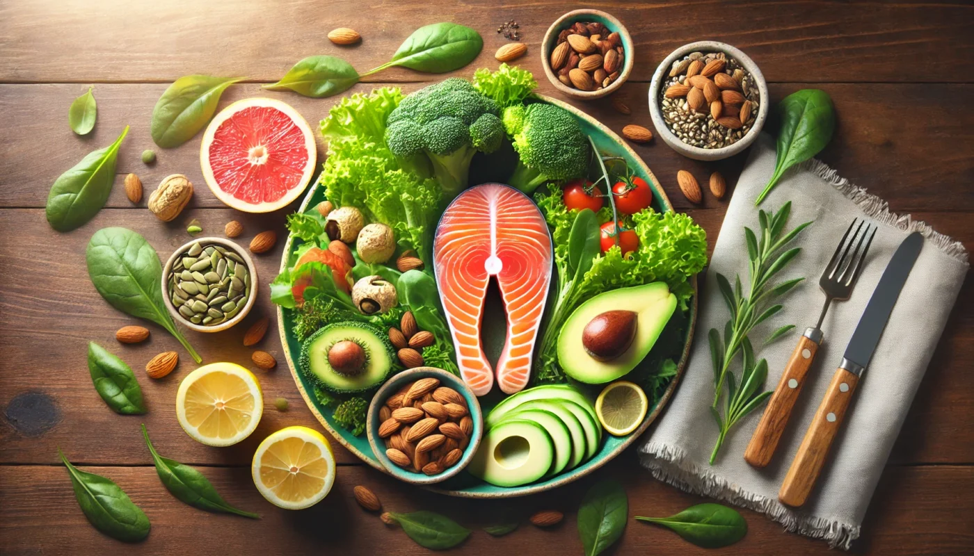 A colorful plate of anti-inflammatory foods such as salmon, avocado, leafy greens, and a mix of nuts and seeds, beautifully arranged on a wooden table with natural lighting.