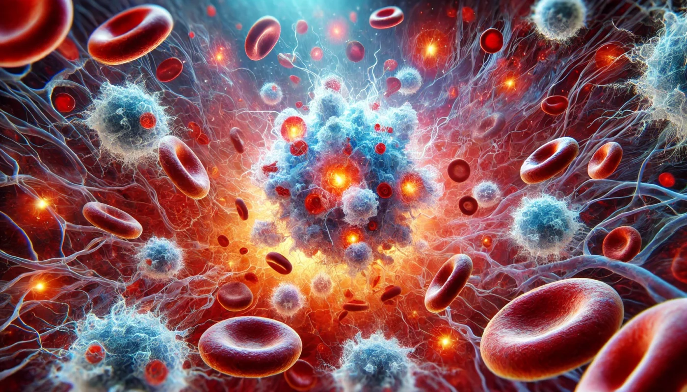 A microscopic view of immune cells responding to an infection. White blood cells, glowing in a vibrant display, swarm pathogens while surrounding blood vessels dilate, illustrating the dynamic process of inflammation in immunity