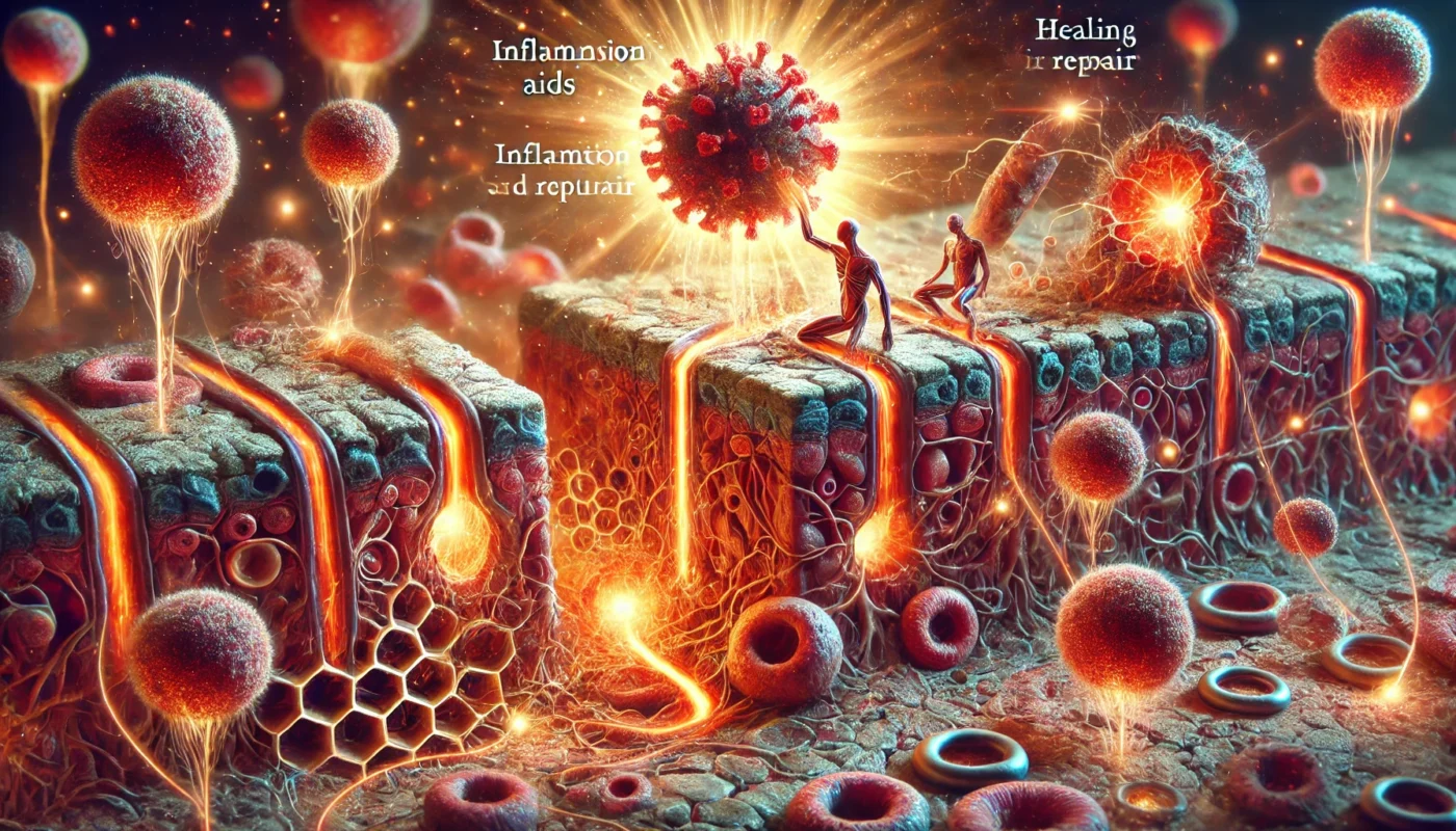 A detailed depiction of inflammation aiding tissue repair. Immune cells actively rebuild damaged tissue, with fibroblasts generating new connective tissue. The glowing repair signals highlight the healing warmth of inflammation.