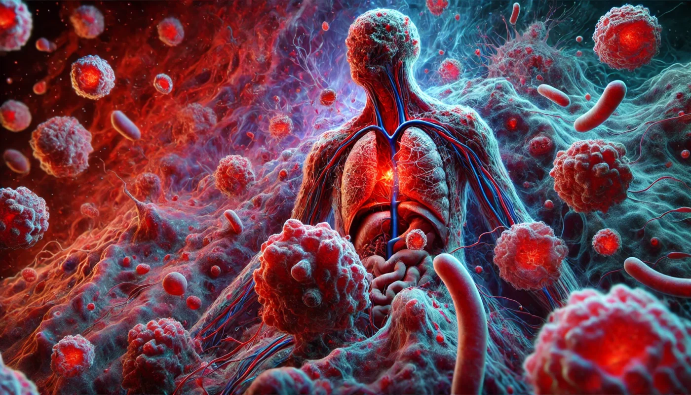 A powerful visualization of chronic inflammation, showing an overactive immune response attacking healthy tissues. The inflamed area appears red and swollen, with immune cells persistently targeting normal cells, illustrating prolonged immune dysfunction.