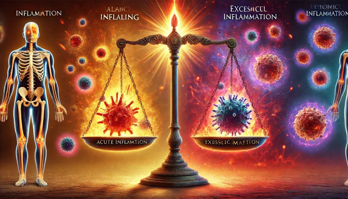 A conceptual representation of balancing inflammation. A biological scale shows acute inflammation as a healing force while chronic inflammation causes tissue damage. The background transitions from warm healing tones to deep reds and purples, symbolizing the fine line between beneficial and harmful inflammation.