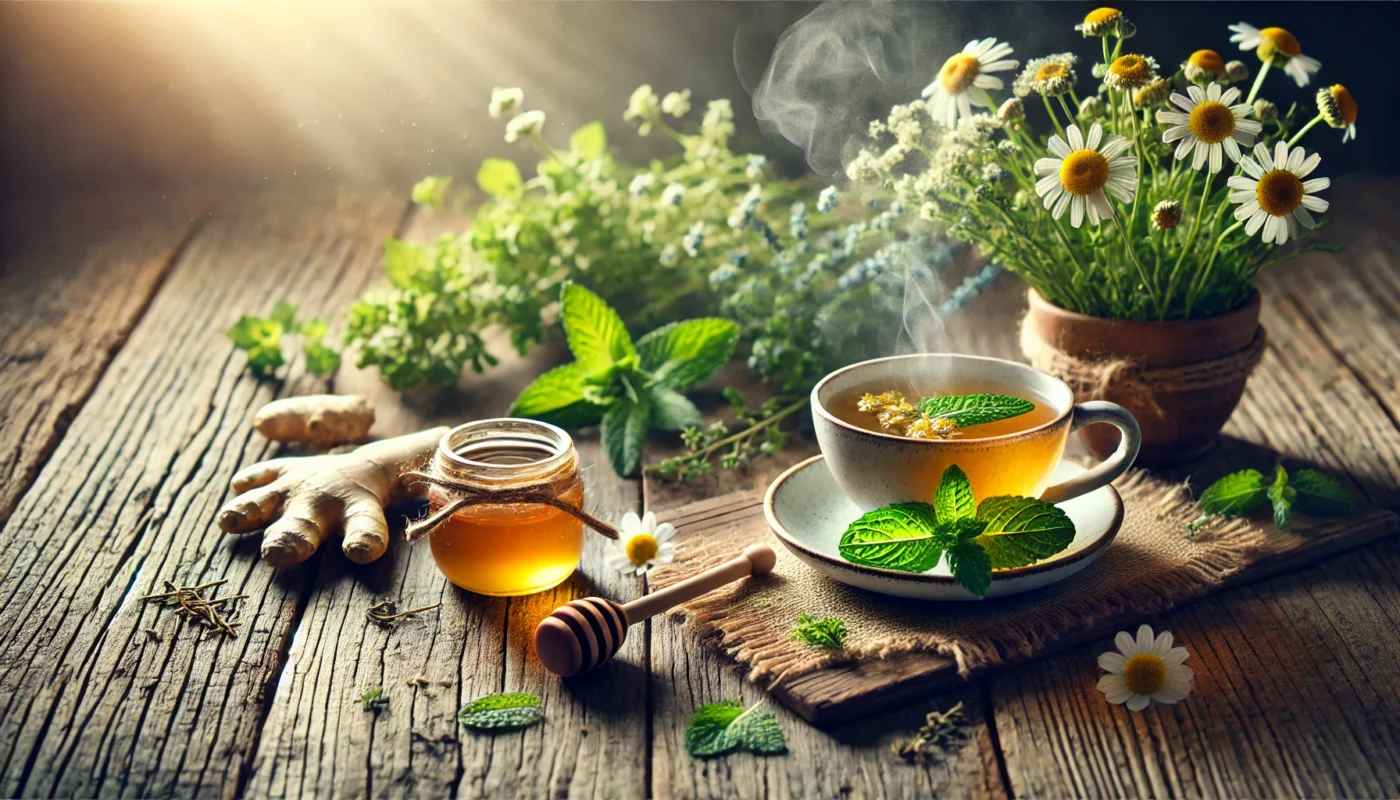 A serene setup featuring a steaming cup of herbal tea with chamomile, peppermint, and ginger roots on a rustic wooden table. Surrounded by fresh herbs and a honey dipper, illuminated by soft natural light.