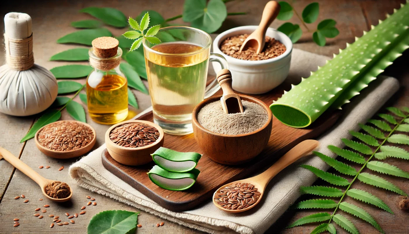 A tranquil spa-like setting featuring a glass of aloe vera juice, a small bowl of flaxseeds, and a wooden spoon filled with slippery elm powder. Green leaves surround the setup, creating a calming, natural remedy atmosphere