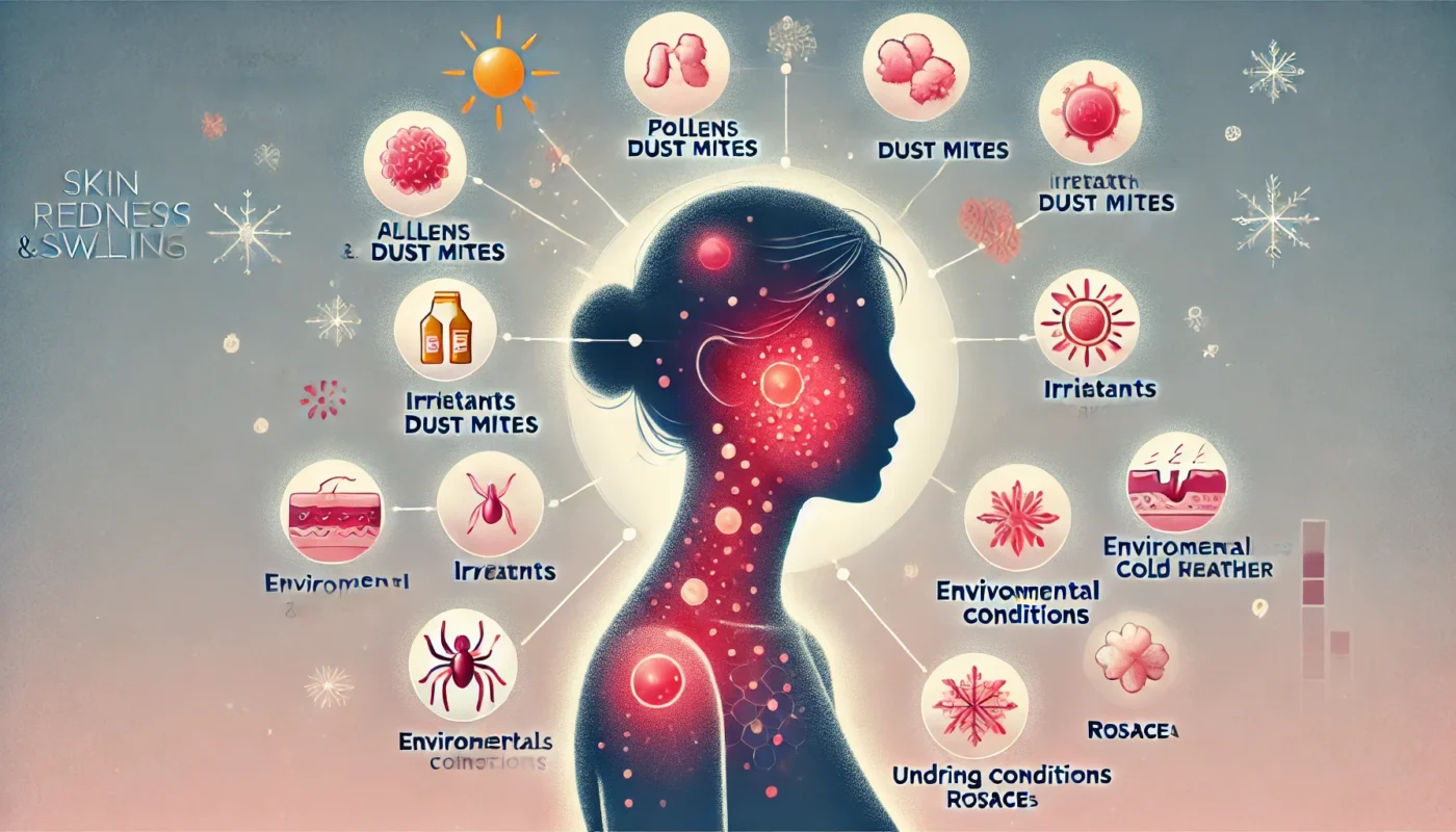 Infographic-style illustration showing a human silhouette with highlighted areas of skin inflammation. Surrounding the figure are visual representations of common triggers such as allergens, irritants, environmental factors, and underlying skin conditions