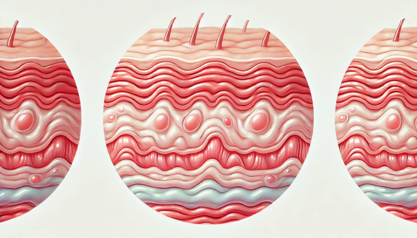 Gentle and soft medical-style illustration of skin swelling due to irritation, displaying a close-up of human skin layers with fluid buildup and redness in a pastel-colored, non-aggressive artistic approach