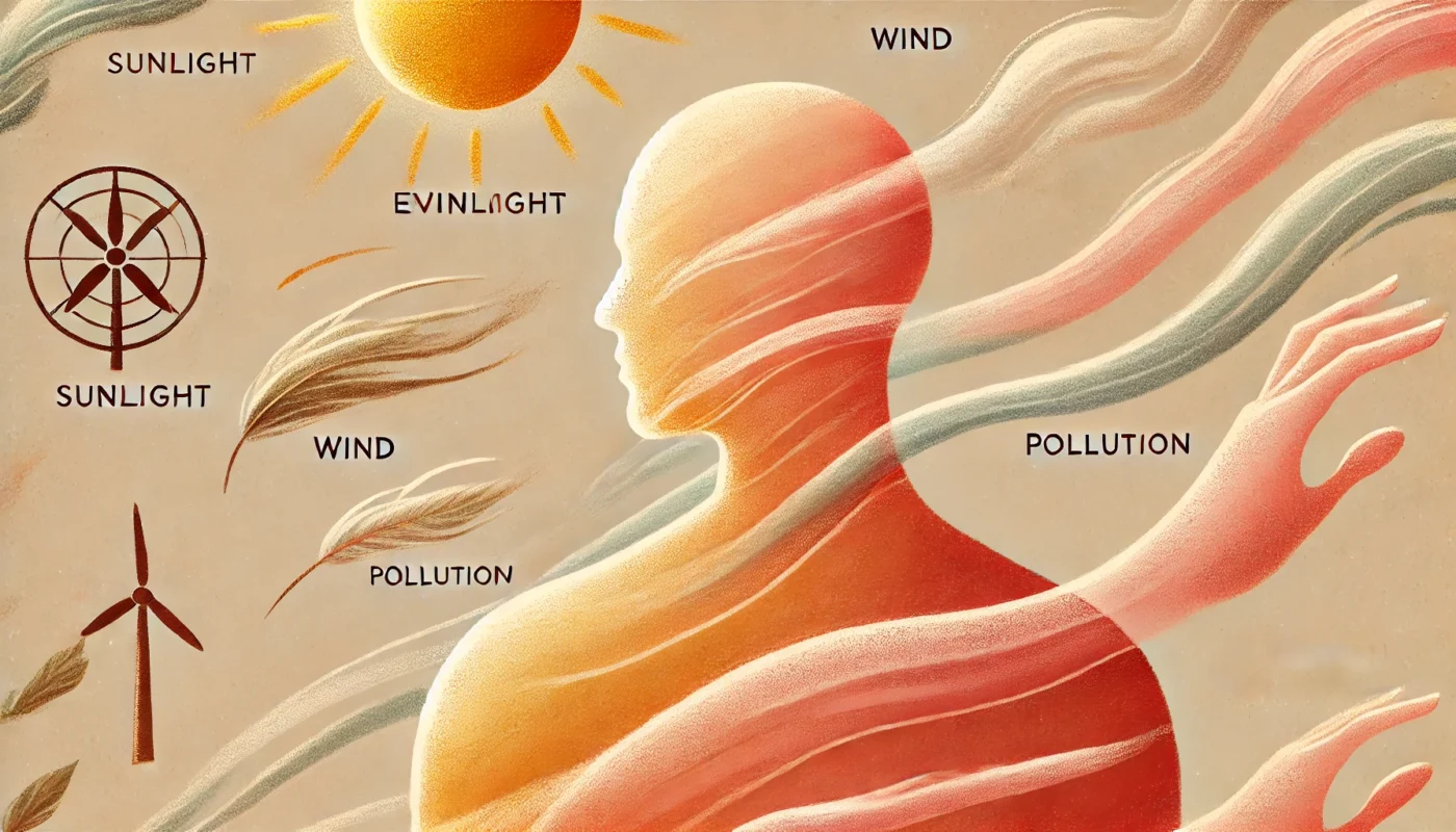 Artistic and soft-toned illustration of environmental factors affecting the skin, featuring a human silhouette exposed to sunlight, wind, and pollution, with subtle redness appearing on the face and arms in a soothing, minimalistic style