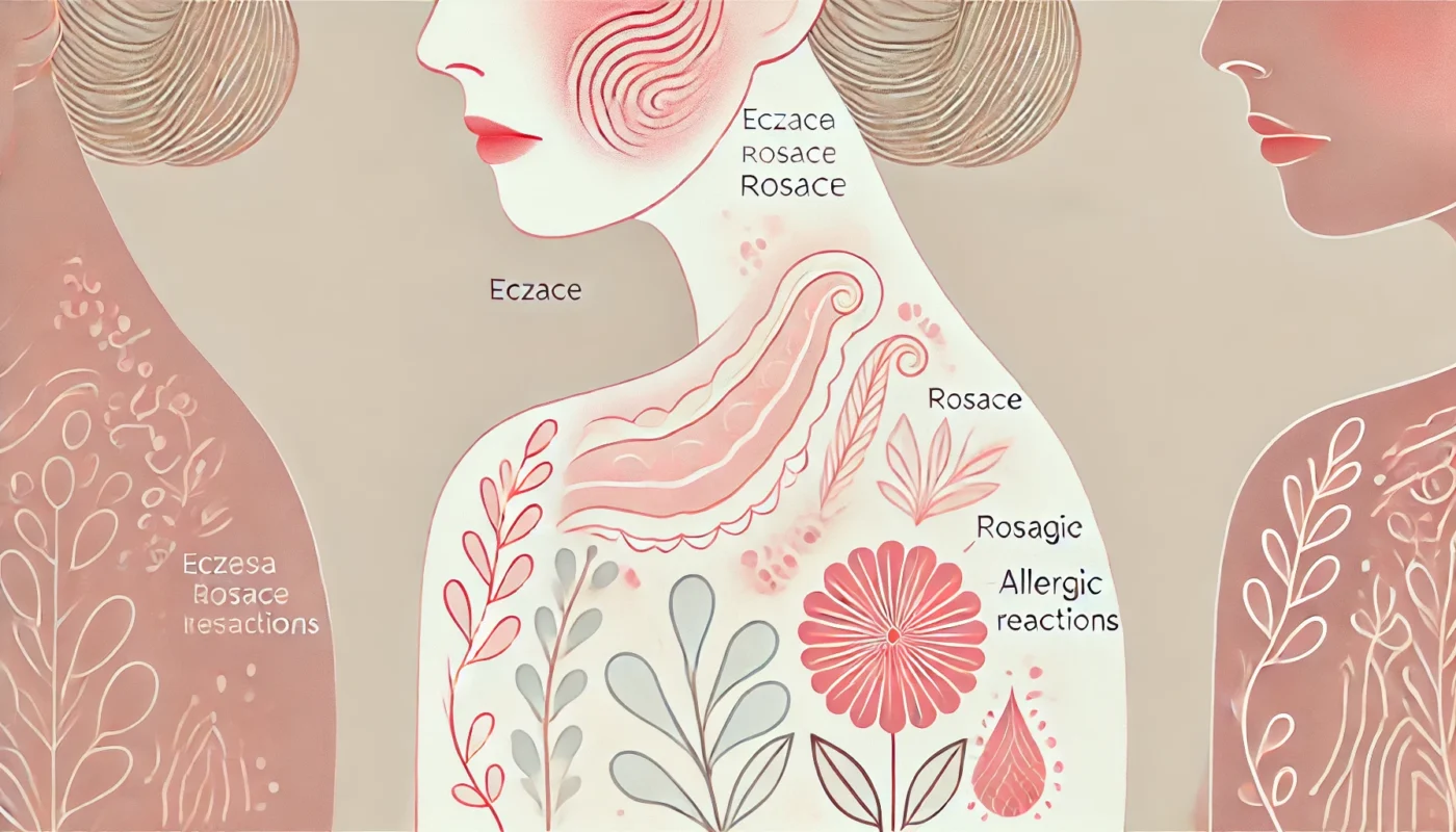 Soft and artistic illustration depicting common skin conditions that cause redness and swelling, including eczema, rosacea, and allergic reactions, in a clean and minimalistic style with gentle pastel colors.