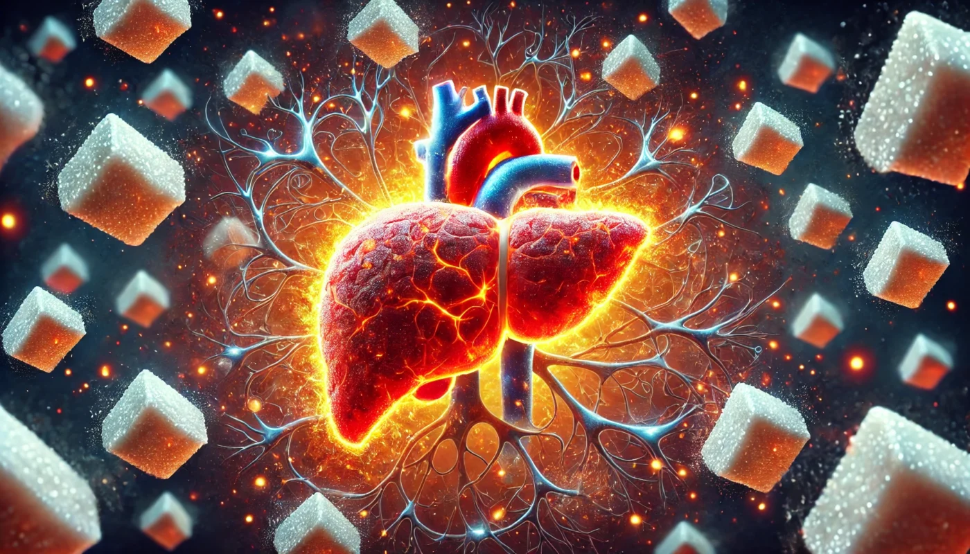 A powerful visualization of an inflamed digestive system, with sugar cubes dissolving into chaotic patterns, symbolizing gut microbiota disruption caused by excessive sugar consumption.