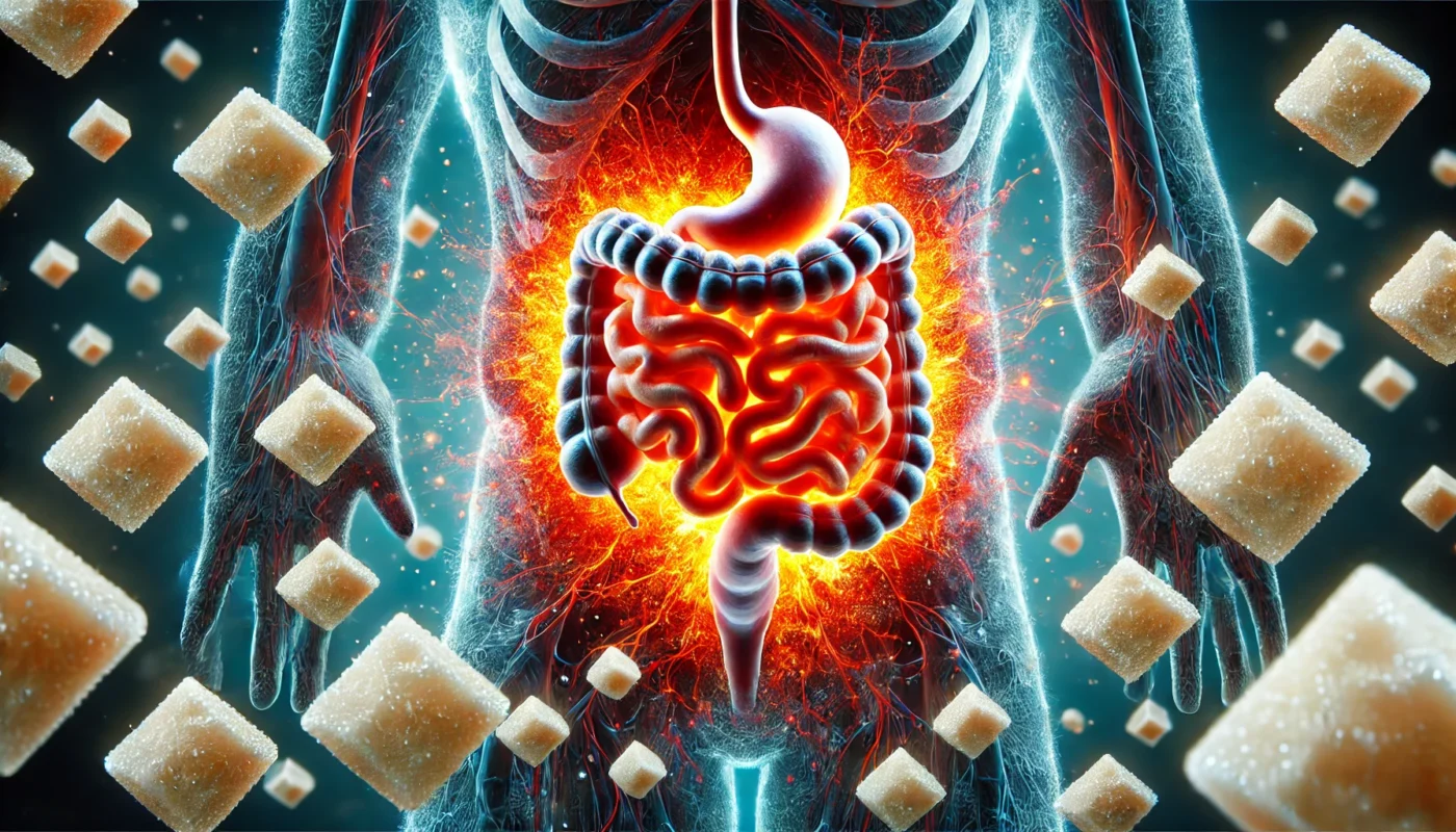 A naturalistic depiction of a person consuming sugary foods, with an internal view showing glowing red areas in the joints, liver, and gut, symbolizing inflammation triggered by sugar intake.