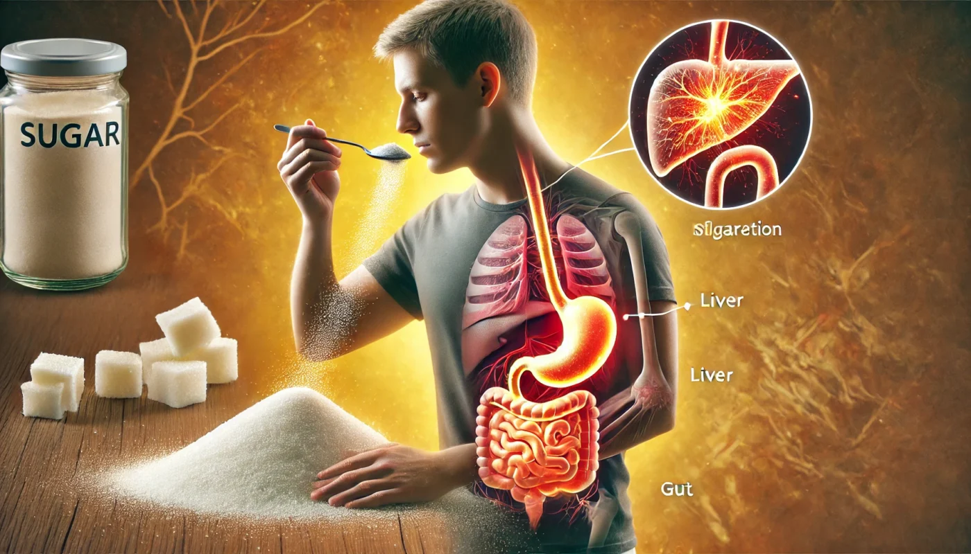 A realistic illustration contrasting a healthy gut microbiome with an inflamed digestive system. One side shows a balanced gut with natural fibers and probiotics, while the other displays irritation caused by excessive sugar intake