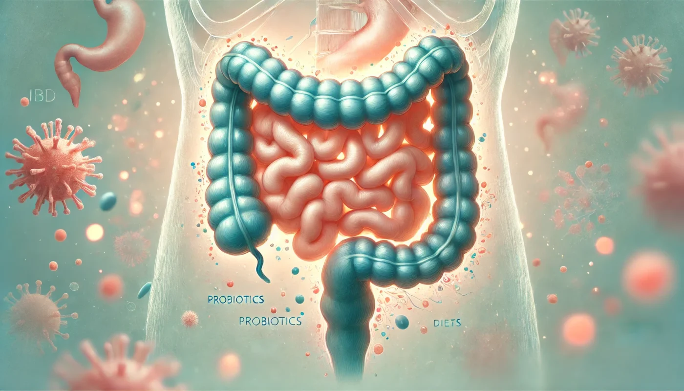  A pastel-toned depiction of gut inflammation and inflammatory bowel disease (IBD), with a cross-section of inflamed intestines. The microscopic view of immune cells is softly illustrated, while the background integrates natural remedies and dietary treatments in a peaceful, healing setting.

