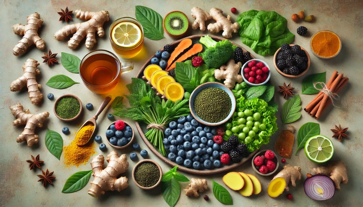 A vibrant arrangement of natural anti-inflammatory foods, including turmeric, ginger, green tea, berries, and leafy greens, displayed in a warm and healthy ambiance.