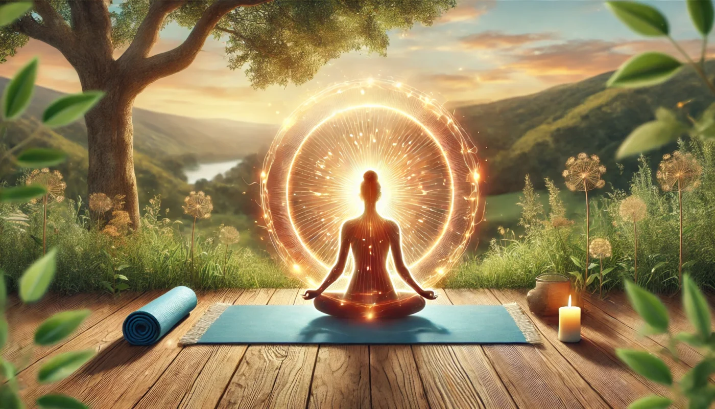 A person practicing yoga or meditation in a serene outdoor setting, with a glowing, balanced energy around their body symbolizing reduced inflammation and overall wellness.