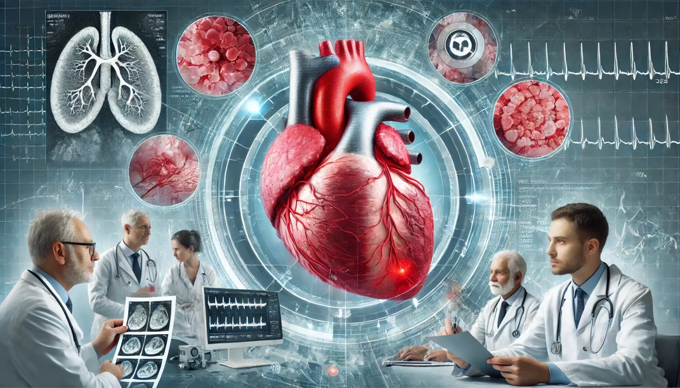 A detailed medical illustration of an inflamed human heart with red swollen areas around the myocardium, surrounded by doctors examining MRI scans and test results. The background features semi-transparent heart cells and blood vessels, emphasizing inflammation and risk factors