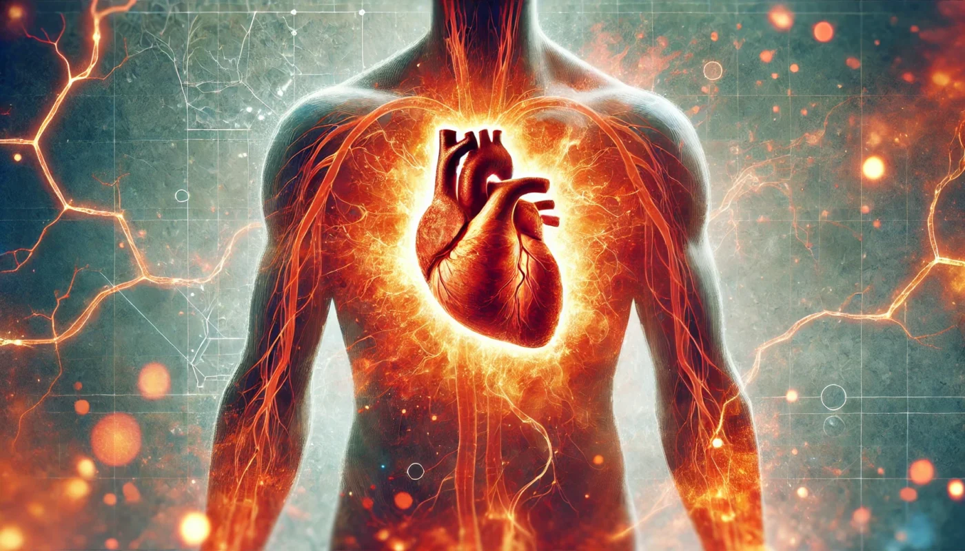 A conceptual artwork of a human heart engulfed in fiery red and orange hues, symbolizing inflammation and potential damage. The background displays faint outlines of arteries and veins, illustrating the spread of inflammation through the cardiovascular system