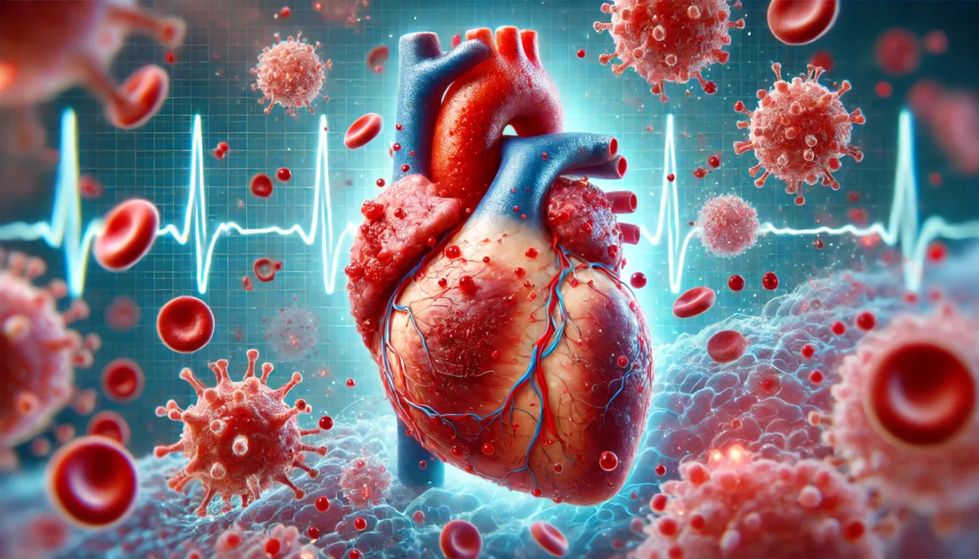 A close-up 3D-rendered image of an inflamed human heart with visible swelling and redness, surrounded by blood cells and immune cells attacking the tissue. The background fades into a blue-toned medical setting with ECG lines and abstract graphics indicating cardiac stress.