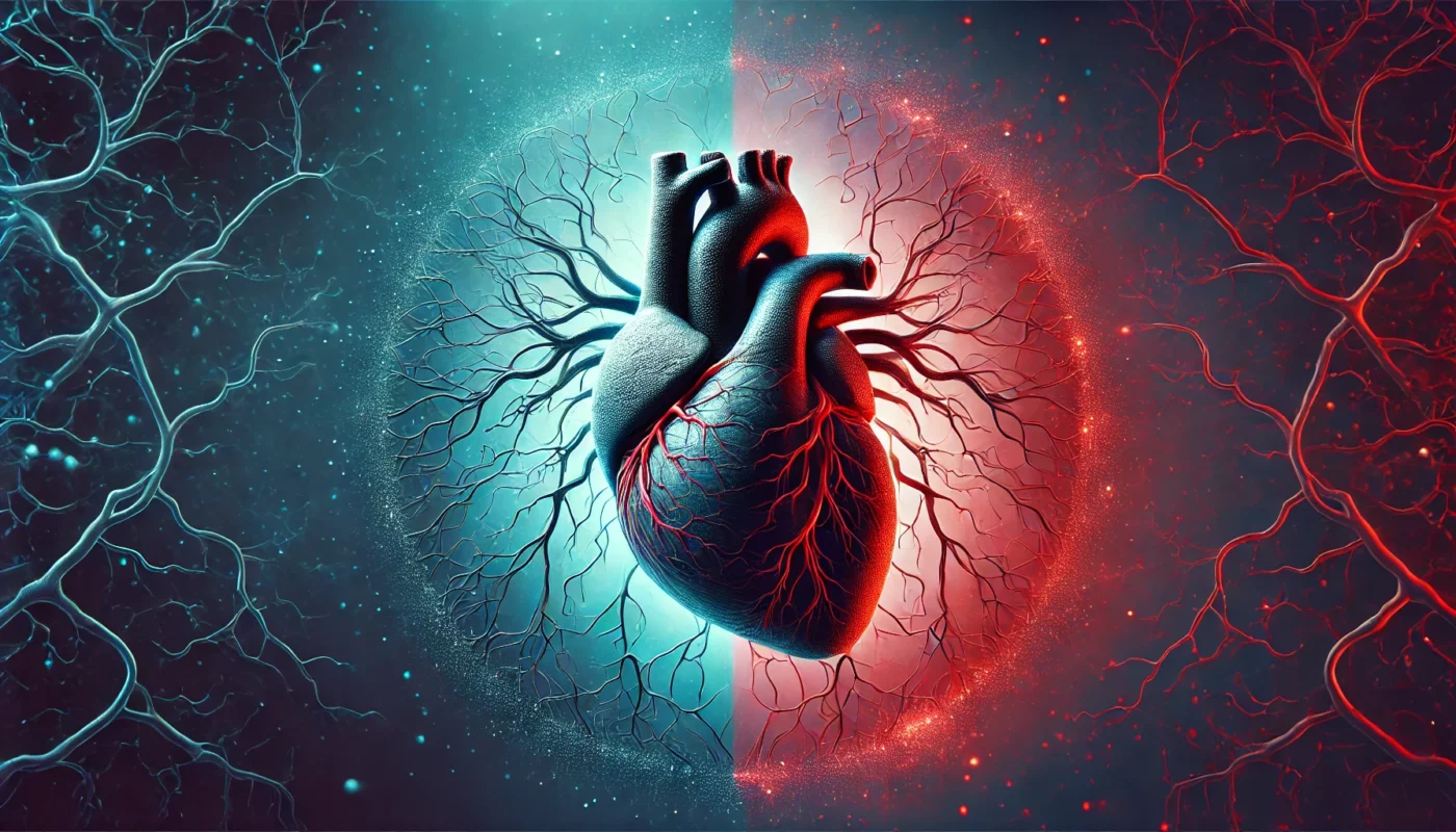 An artistic visualization of a human heart partially encased in dark, spreading veins, symbolizing the risks of chronic inflammation. The background transitions from a healthy blue-toned heart area to a deep red, inflamed region, illustrating disease progression