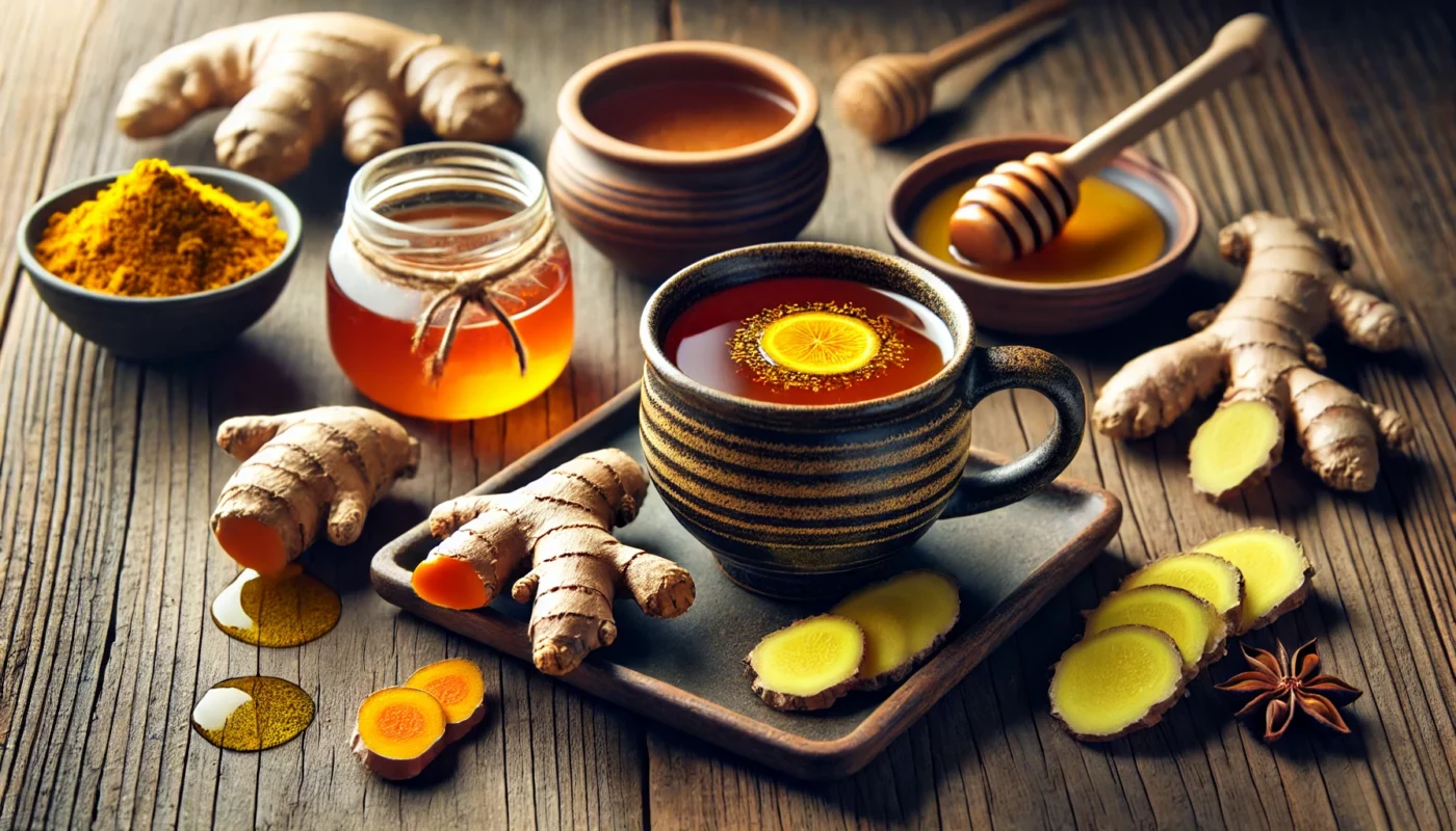 A rustic ceramic cup of herbal tea infused with turmeric, ginger, and honey, surrounded by fresh ingredients on a cozy wooden table.