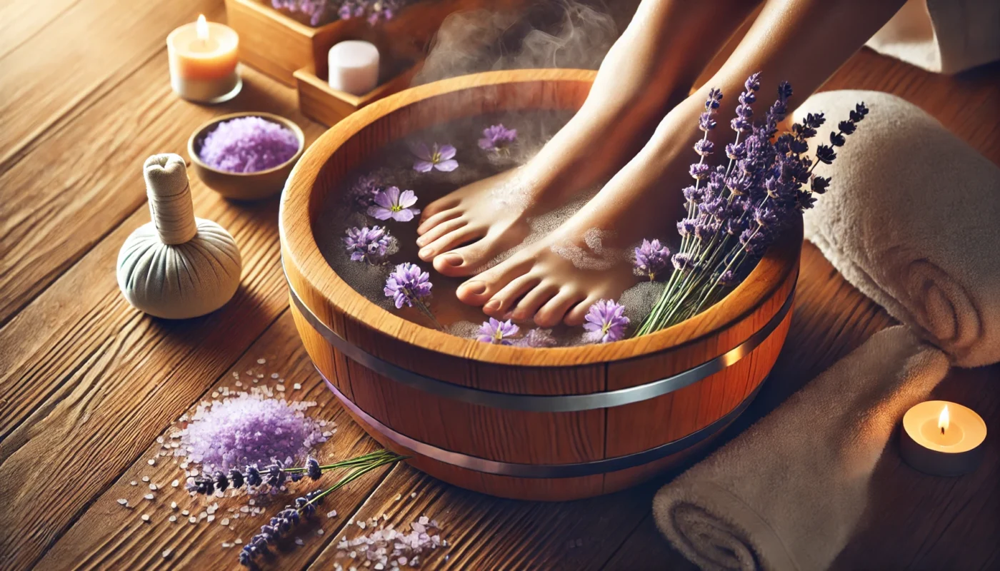 A wooden basin filled with warm water, Epsom salt, and floating lavender petals, with a pair of feet submerged in a soothing spa-like setting.