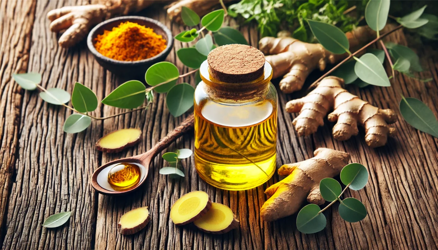 A glass jar of herbal oil infused with turmeric, ginger, and eucalyptus on a rustic wooden table, surrounded by fresh ingredients, evoking natural pain relief.