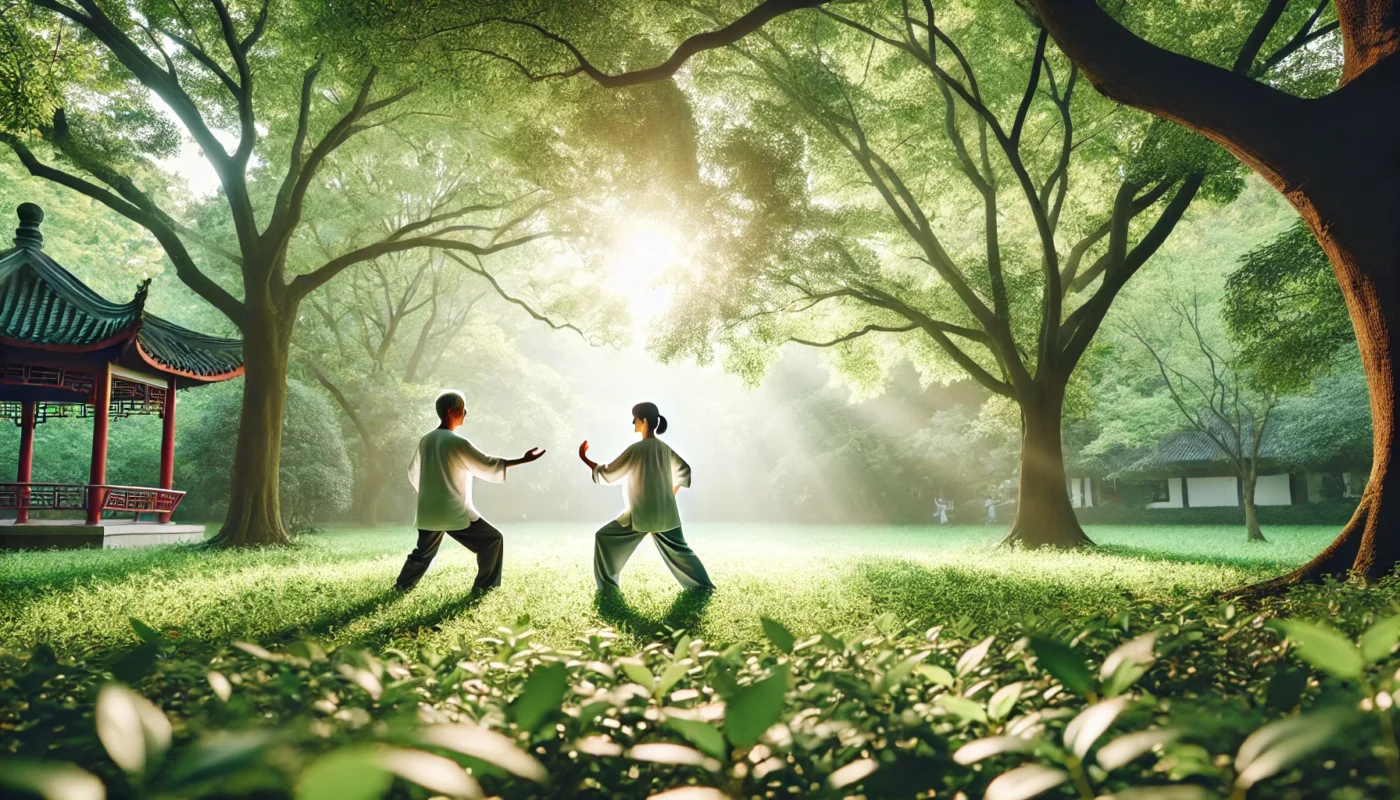 A senior couple practicing Tai Chi in a lush green park, surrounded by trees and soft sunlight filtering through the leaves, symbolizing holistic arthritis relief through gentle movement.
