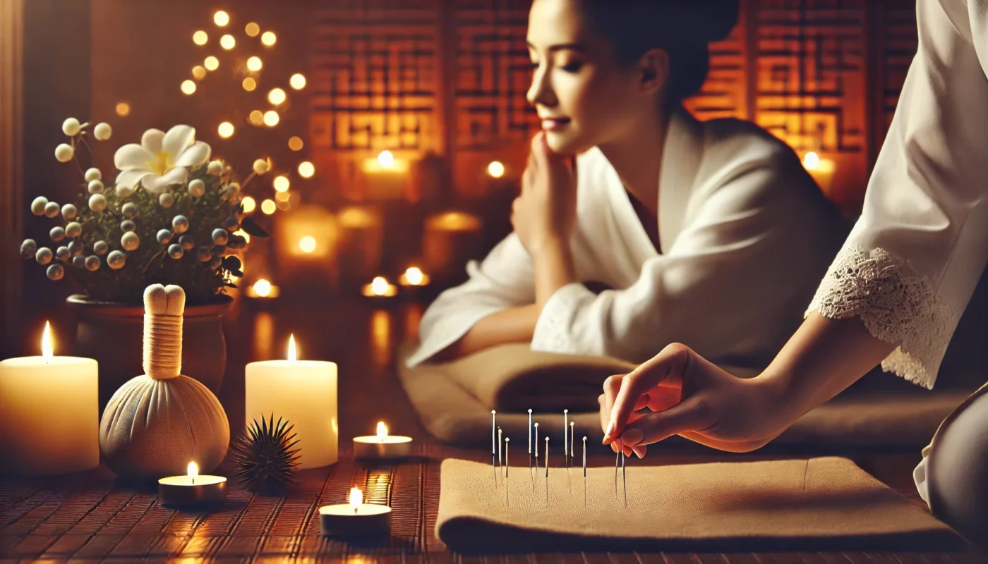 A peaceful spa-like scene featuring a woman receiving acupuncture treatment, set in a serene atmosphere with dim lighting, candles, and a calming ambiance, highlighting traditional Chinese medicine for arthritis relief.