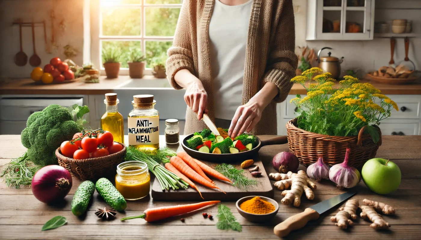 A cozy kitchen scene with a person preparing an anti-inflammatory meal using fresh organic vegetables, turmeric, and herbs, bathed in natural light to emphasize the role of nutrition in holistic arthritis management.