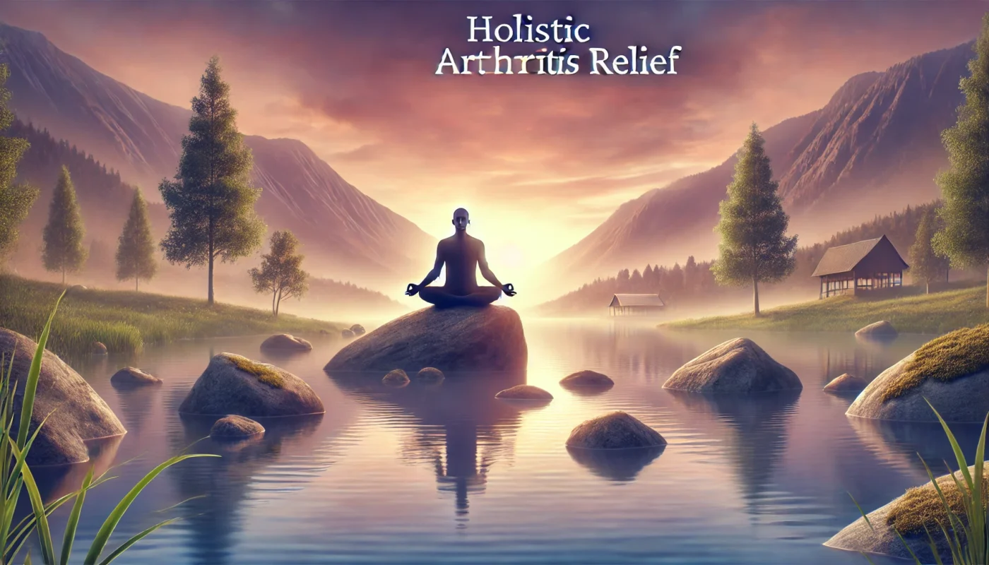 A tranquil wellness retreat with a person meditating near a serene lake, surrounded by mountains and a gentle sunrise, representing stress reduction and mindfulness as holistic arthritis relief methods.