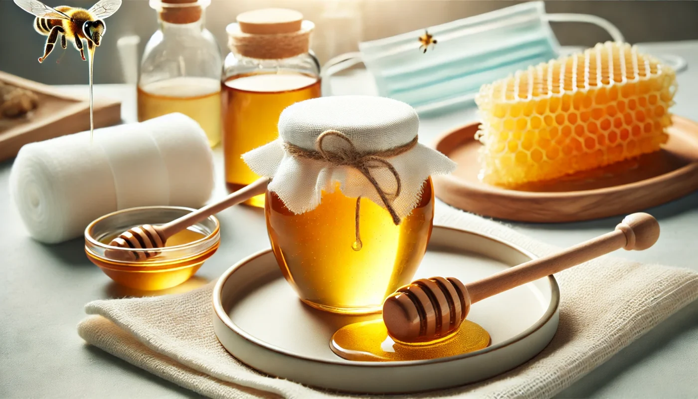 A high-quality close-up of golden medical-grade honey in a glass jar, with a wooden honey dipper drizzling thick honey onto a ceramic dish. Surrounding the honey are sterile white gauze pads and fresh honeycomb, emphasizing its wound healing properties.