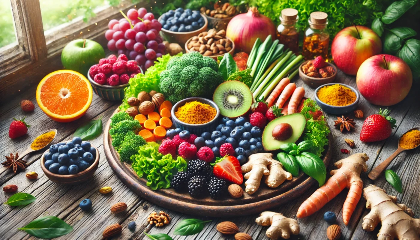 A vibrant assortment of anti-inflammatory foods, including berries, leafy greens, turmeric, ginger, and nuts, beautifully arranged on a rustic wooden table. The fresh ingredients contrast in color, symbolizing a healthy and balanced diet.