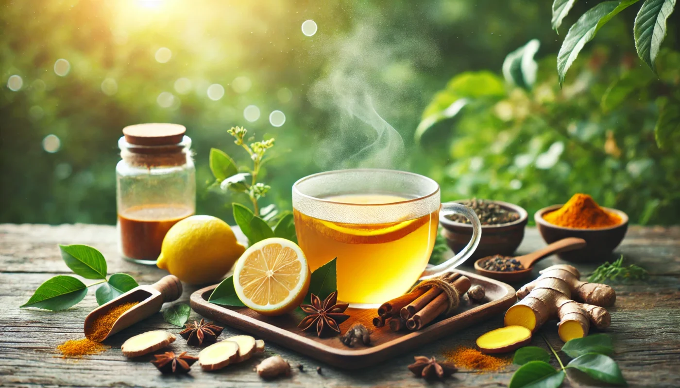 A serene setting with a steaming cup of herbal anti-inflammatory tea infused with turmeric, ginger, and lemon, placed on a wooden tray alongside fresh herbs. The background features soft greenery, evoking warmth and relaxation