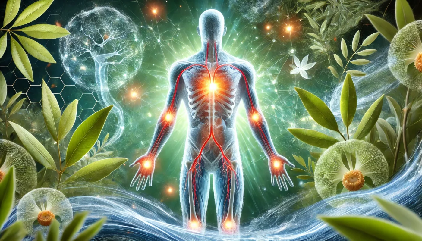 An artistic representation of the human body with glowing internal pathways, symbolizing reduced inflammation. The translucent figure highlights joints and organs, surrounded by elements like flowing water and healing light for a holistic wellness concept.

