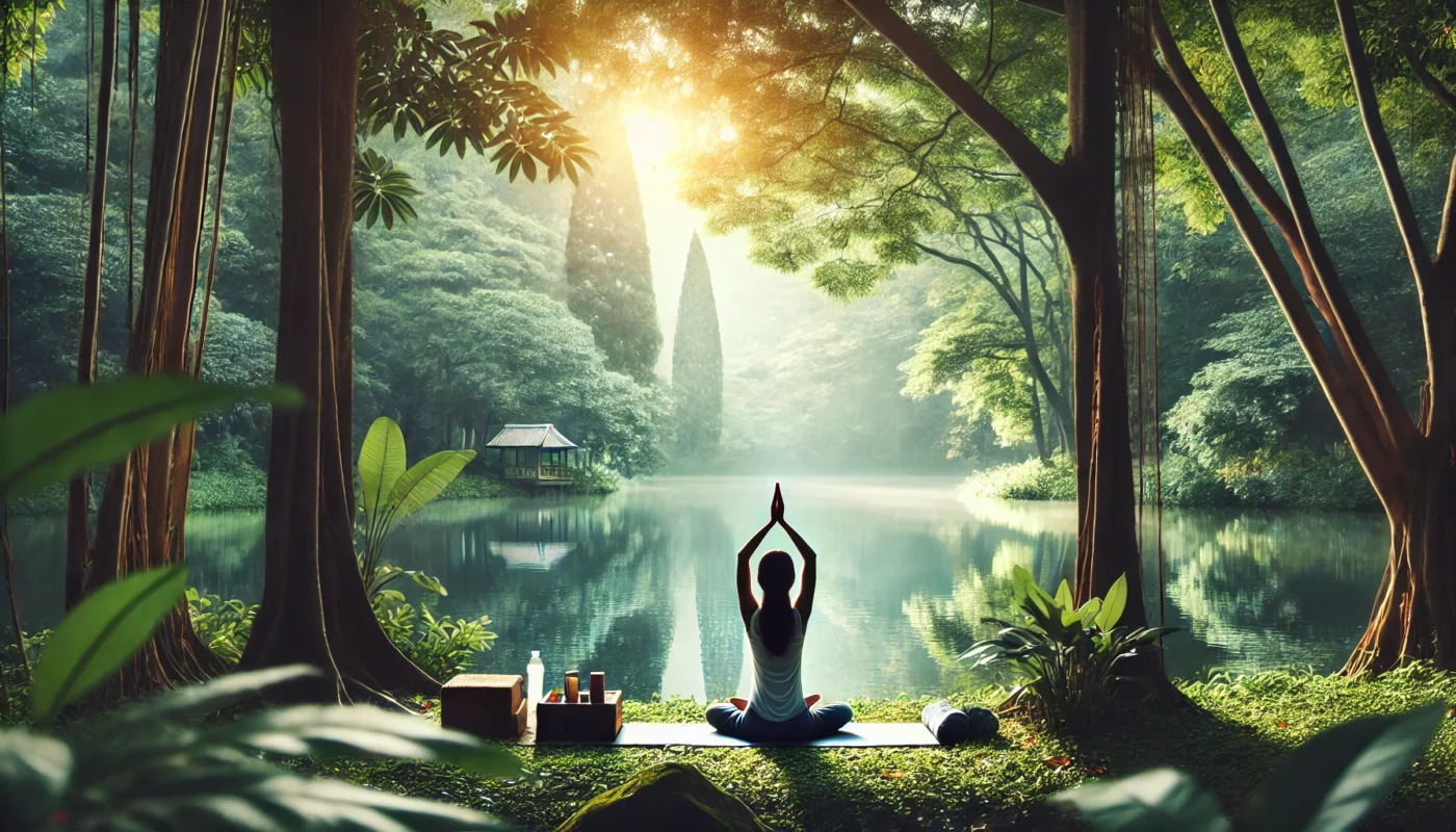 A tranquil yoga and meditation scene by a calm lake, with a person practicing mindfulness amidst lush greenery. Sunlight filters through the trees, representing stress relief and the holistic benefits of an anti-inflammatory lifestyle