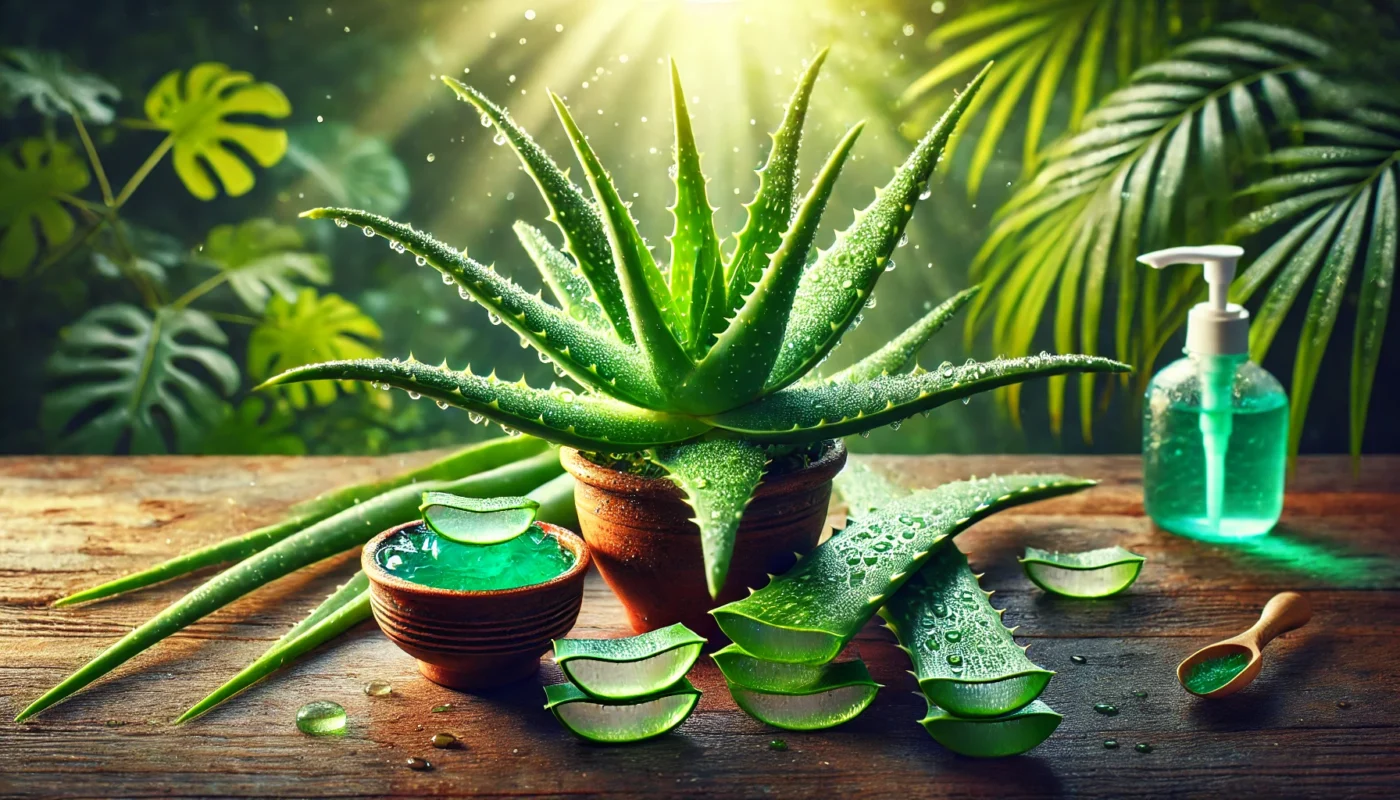 A vibrant composition of aloe vera plants in their natural habitat, with thick green leaves covered in tiny water droplets. Sunlight filters through the leaves, while a small ceramic bowl with freshly scooped aloe gel sits beside the plant, symbolizing its healing and skincare benefits.