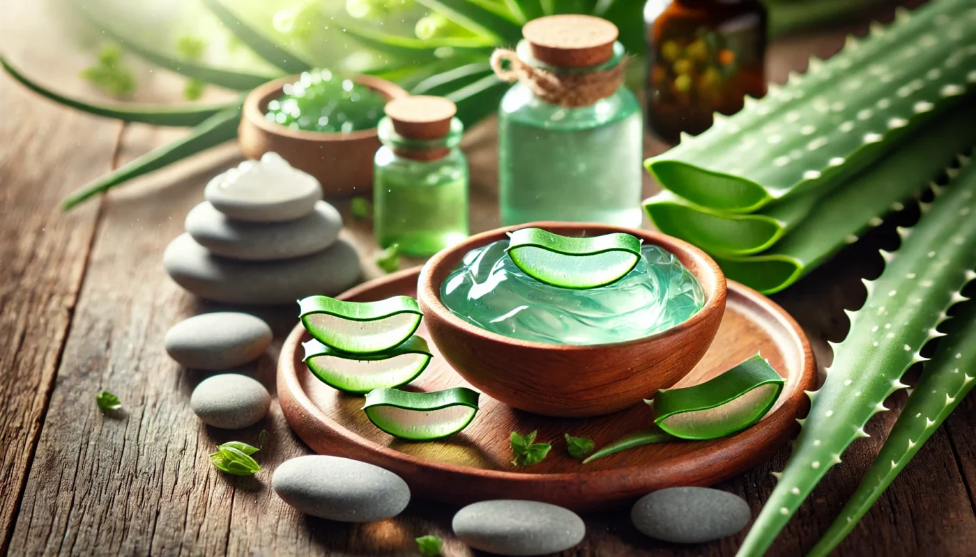 A natural skincare composition showcasing fresh aloe vera leaves and a wooden bowl filled with thick, translucent aloe gel. Soft lighting highlights the gel’s moisturizing and healing qualities, while smooth stones and herbal elements enhance the soothing, spa-like atmosphere.