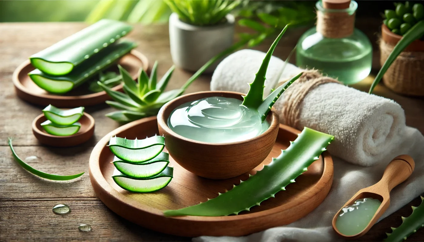 A tranquil spa setting with a wooden tray holding a bowl of smooth, glossy aloe vera gel and fresh aloe leaves. A soft white towel and herbal elements surround the setup, creating a natural, rejuvenating ambiance with hints of green plants in the background.