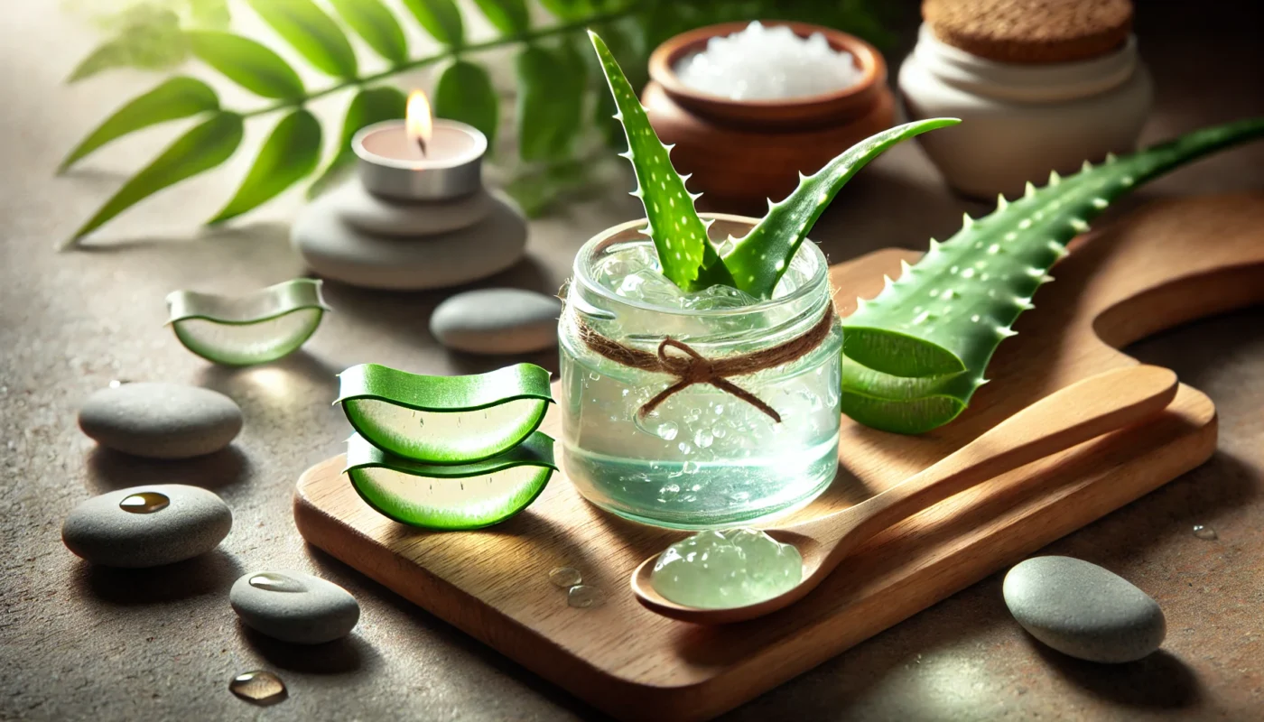 A beautifully arranged skincare setup featuring a small glass jar of aloe vera gel with freshly cut aloe leaves. Soft natural lighting highlights the gel’s transparency and skin-healing properties, complemented by a wooden spatula and fresh greenery in a spa-like setting.