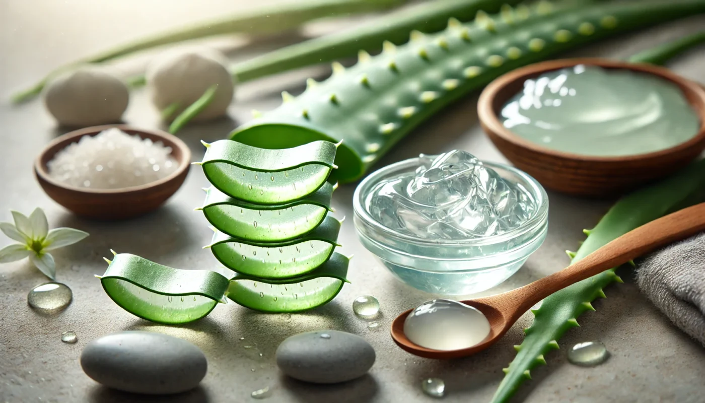 A close-up of fresh aloe vera leaves sliced open, revealing the clear healing gel inside. The gel glistens under soft natural light, with spa-like elements such as a small glass bowl of extracted gel, a wooden spoon, and smooth stones surrounding it.
