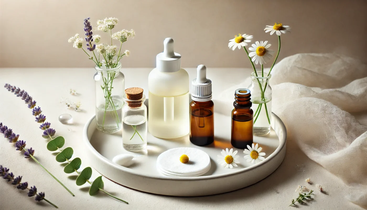 A minimalist composition featuring neatly arranged glass bottles of lavender, myrrh, and tea tree oil on a white ceramic tray. A cotton pad with oil drops rests beside them, surrounded by delicate chamomile flowers and fresh eucalyptus leaves.