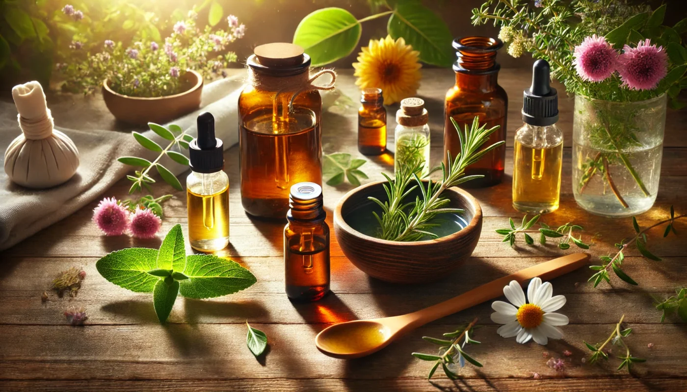 A calming natural setting showcasing essential oil bottles, including tea tree, rosemary, and frankincense oils, placed on a wooden surface. A small bowl contains a soothing oil blend, with healing herbs like thyme and chamomile nearby.