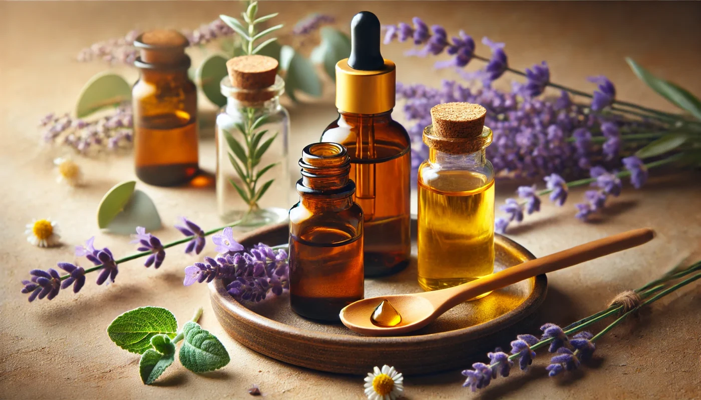 A close-up of small amber glass bottles filled with essential oils, including tea tree, lavender, and chamomile oil. Surrounding the bottles are fresh sprigs of lavender and eucalyptus leaves, with a wooden dropper resting on a ceramic dish.