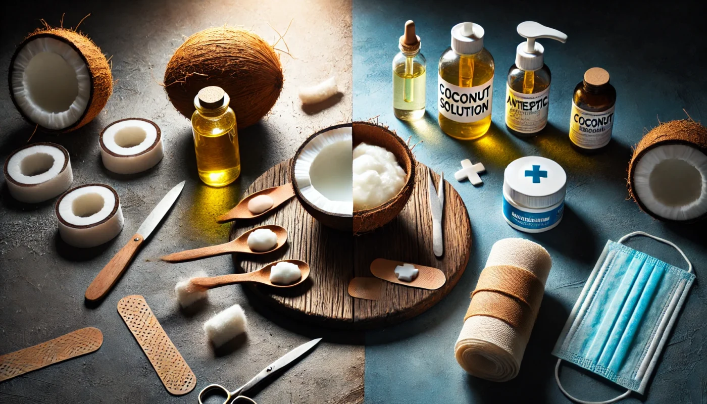 A conceptual visual highlighting the distinction between using coconut oil and traditional wound treatments. One side features a wooden bowl of coconut oil with fresh coconut chunks, symbolizing its natural healing properties, while the other side displays bandages, antiseptic solution, and antibiotic cream on a medical tray.