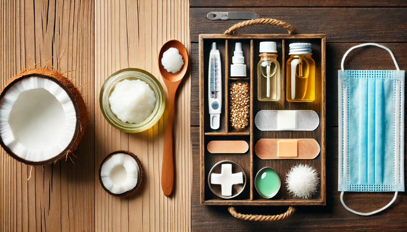 A visually informative setup contrasting coconut oil and medical wound care solutions. On the left, a jar of coconut oil sits on a rustic wooden surface with fresh coconut slices, while on the right, a sterile medical tray holds antiseptic spray, bandages, and an ointment tube, emphasizing the difference between holistic and clinical care.