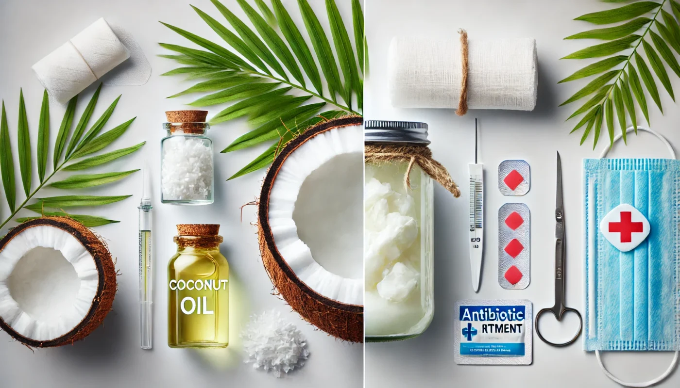 A side-by-side comparison of coconut oil and conventional wound treatment methods. One half of the image showcases a glass jar of coconut oil with a wooden spoon and fresh coconut slices, while the other half displays antiseptic solutions, gauze, and antibiotic ointment on a sterile white surface.